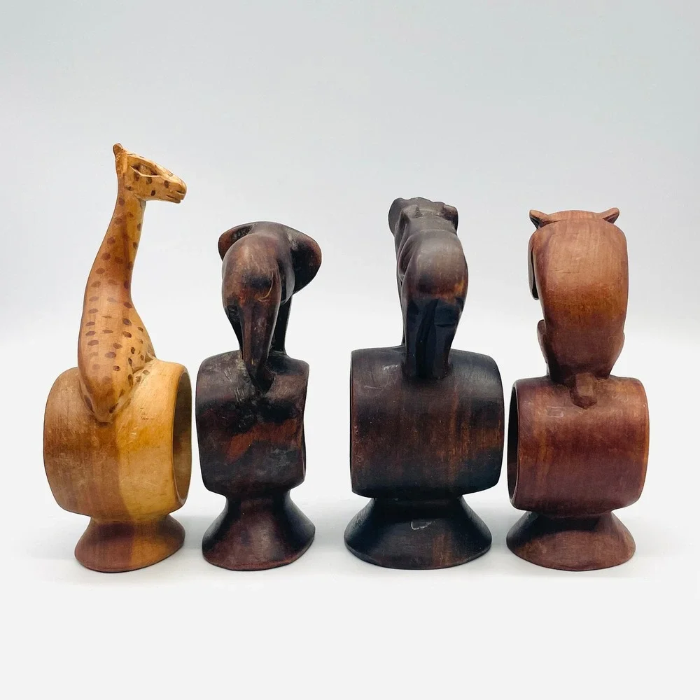 Set of 4‎ Hand Carved Wooden African Safari Animal Napkin Rings Giraffe Elephant